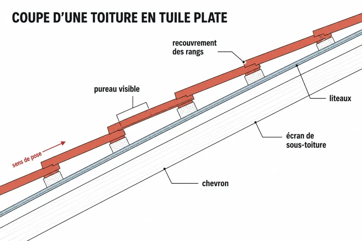 Schéma toiture tuile plate montrant le recouvrement et le pureau
