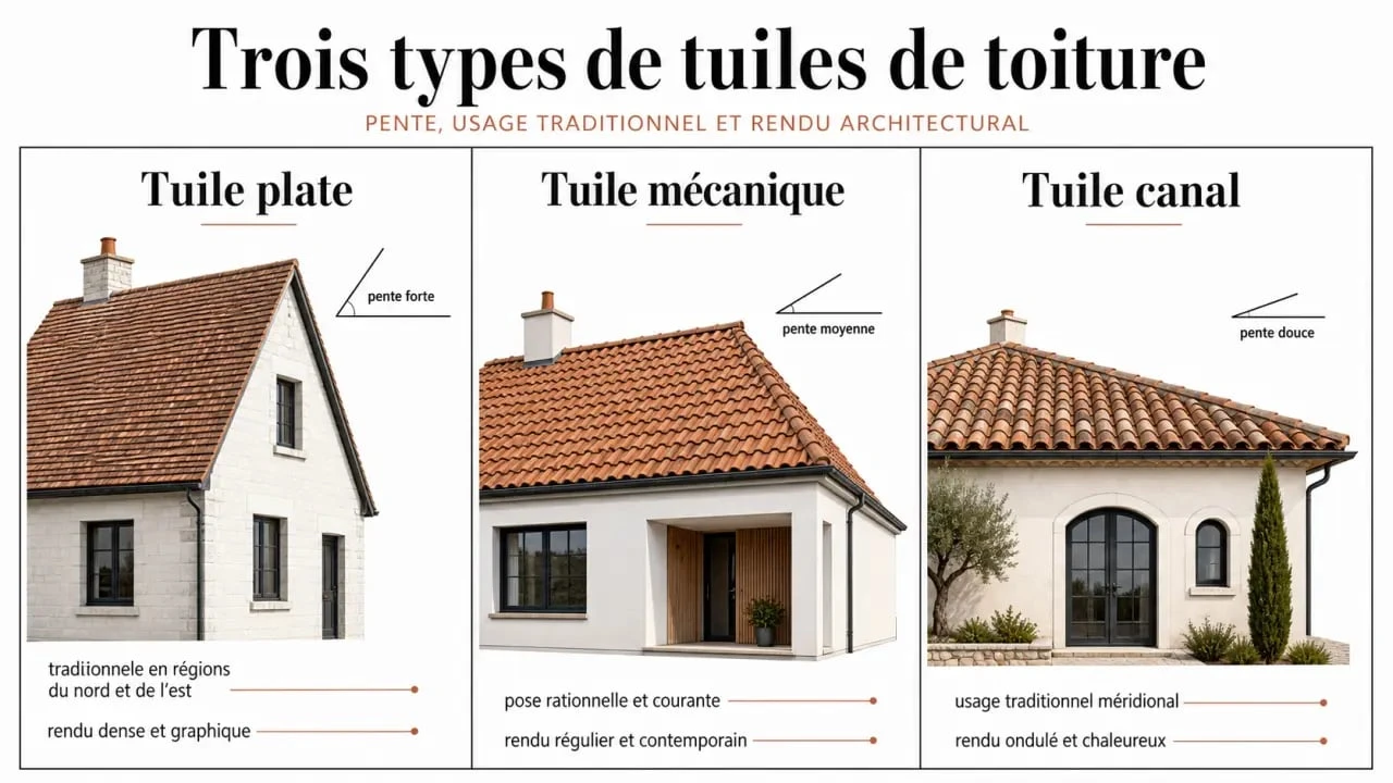 Comparatif toiture tuile plate, tuile mécanique et tuile canal