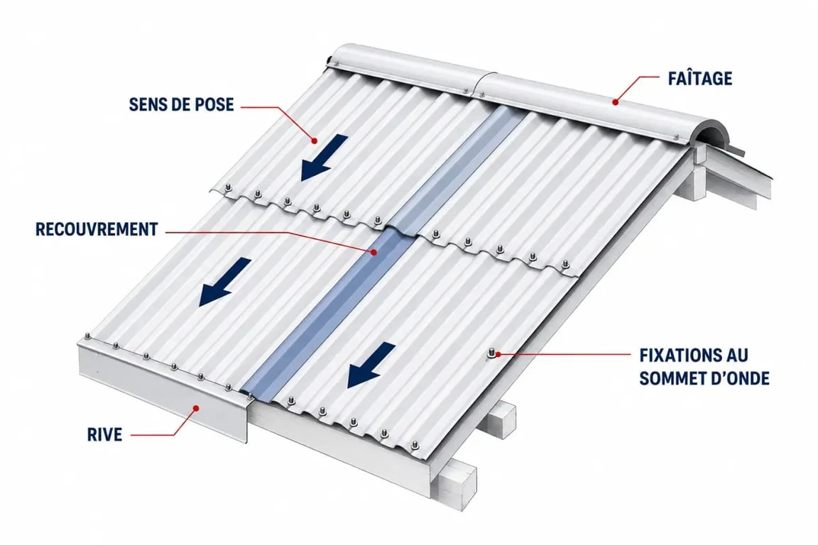 Comment poser une toiture en tôle ondulée : schéma de pose, recouvrement et points de fixation