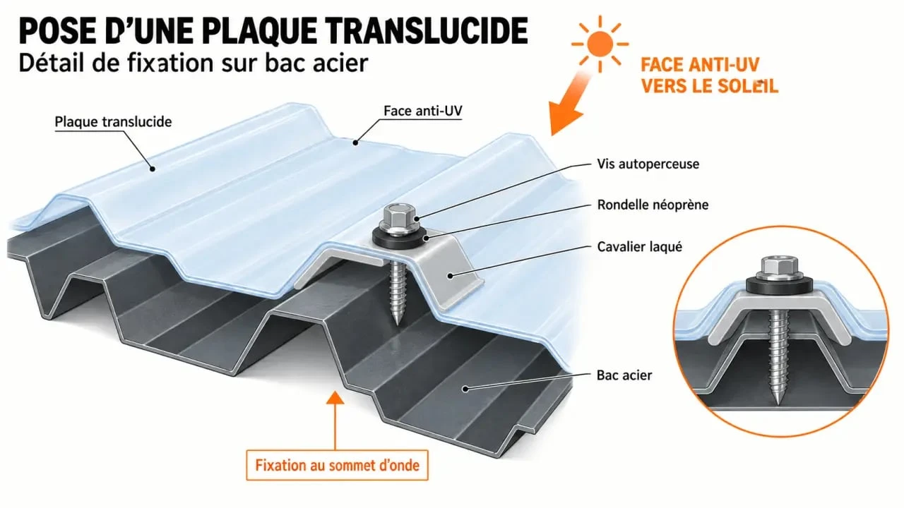Schéma de pose et fixation pour bac acier transparent avec traitement anti-UV