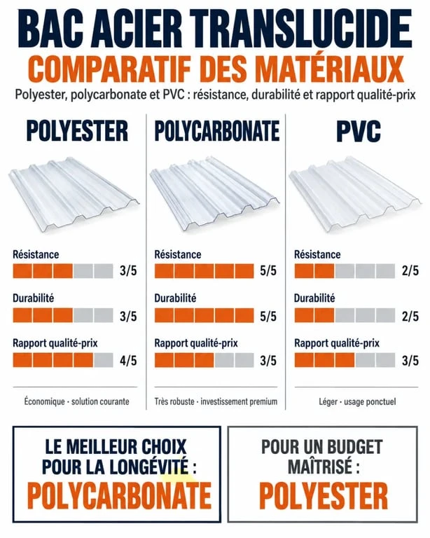 Comparatif des matériaux pour bac acier transparent : polyester, polycarbonate et PVC