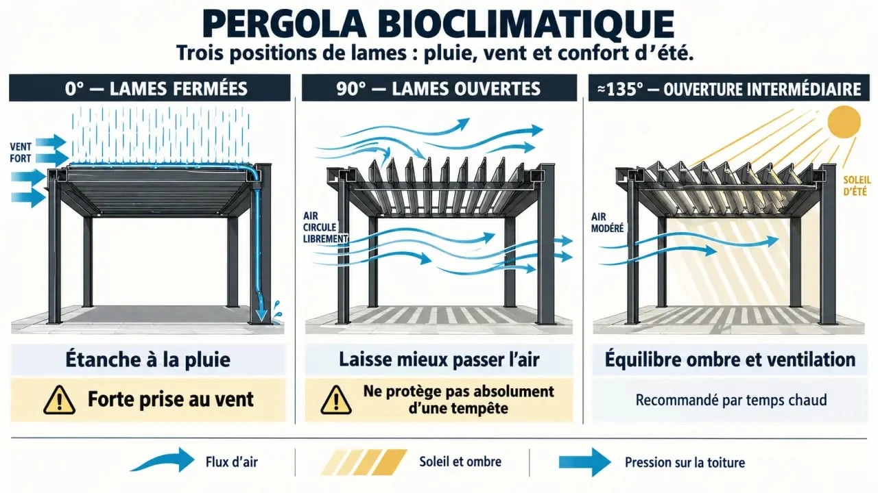 Schéma de l’orientation lame pergola vent selon les positions 90 degrés, 135 degrés et fermée