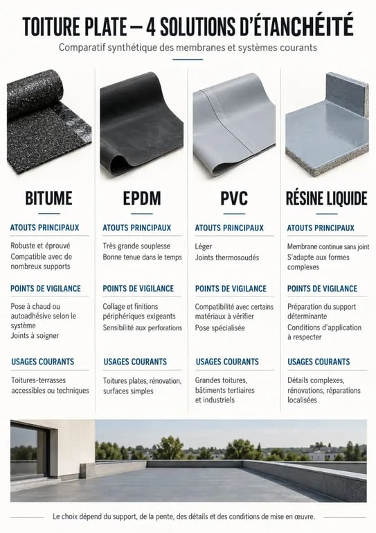 Infographie comparative des solutions d’étanchéité pour toiture plate : bitume, EPDM, PVC et résine liquide