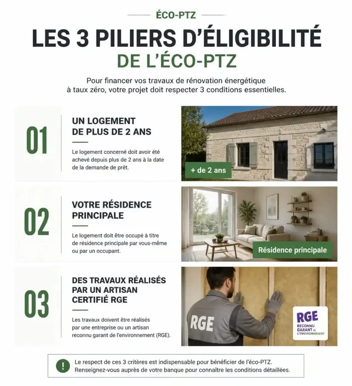Infographie des critères d'éligibilité pour un éco-prêt à taux zéro