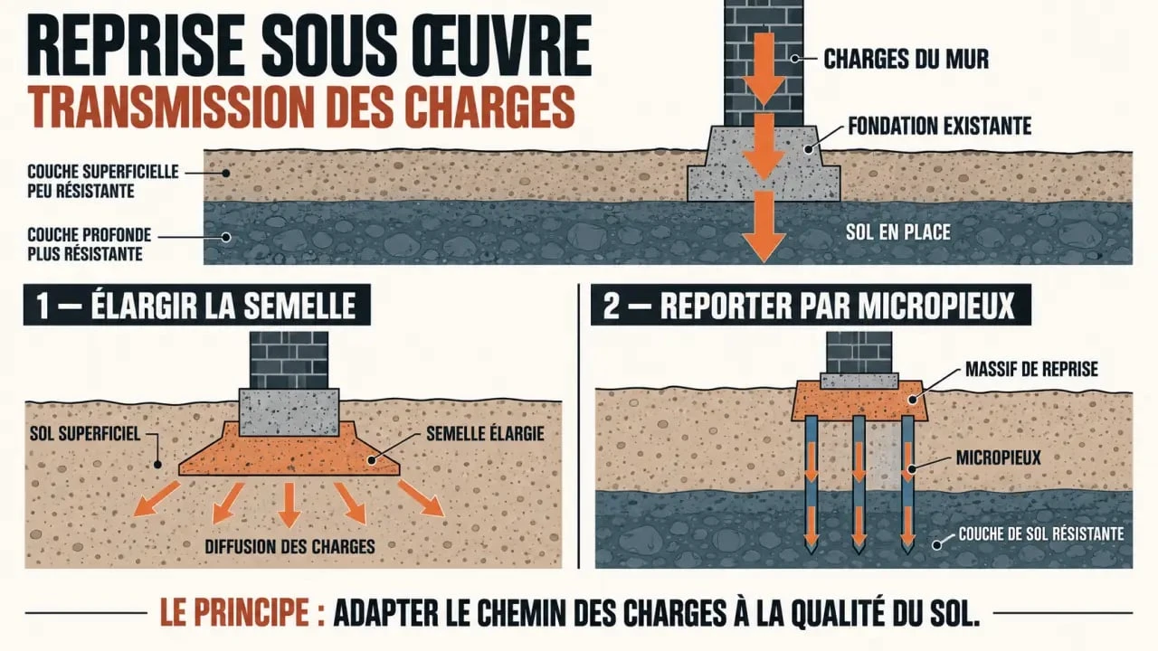 Schéma de reprise sous œuvre fondations avec élargissement de semelle et micropieux