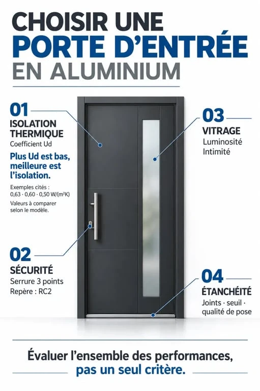 Infographie des critères de choix d’une porte d’entrée alu : isolation, sécurité, vitrage et étanchéité