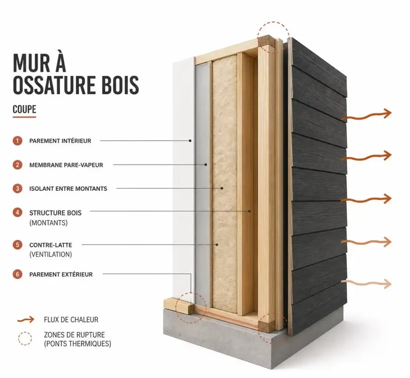 Schéma de l’isolation thermique du bois dans un mur à ossature bois avec couches isolantes et ponts thermiques