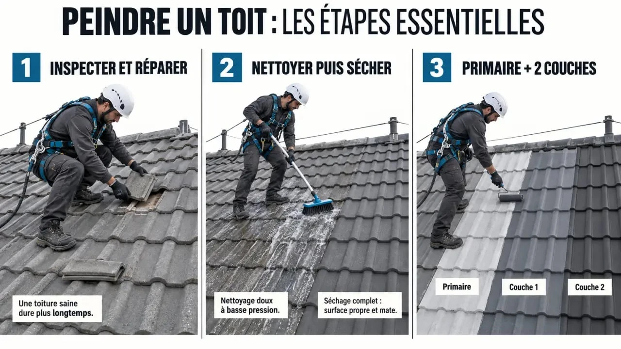 Peindre un toit : inspection, nettoyage et application de la peinture sur une toiture en tuiles