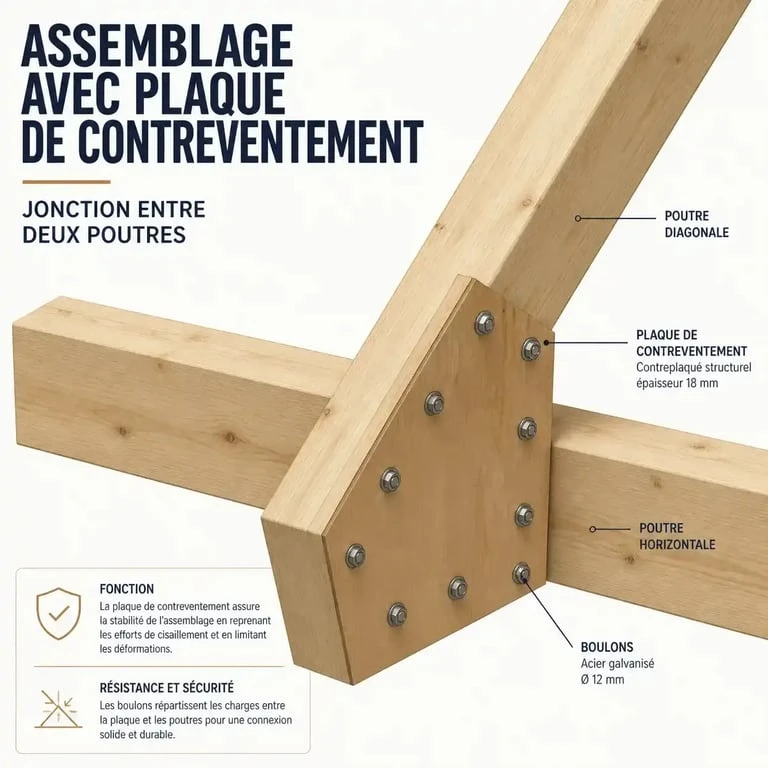 Schéma 3D d'un gousset de charpente reliant deux poutres en bois