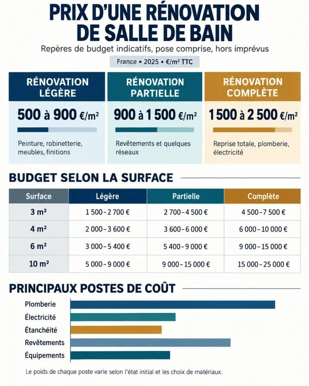 Infographie du prix d’une rénovation de salle de bain selon la surface et le niveau de travaux