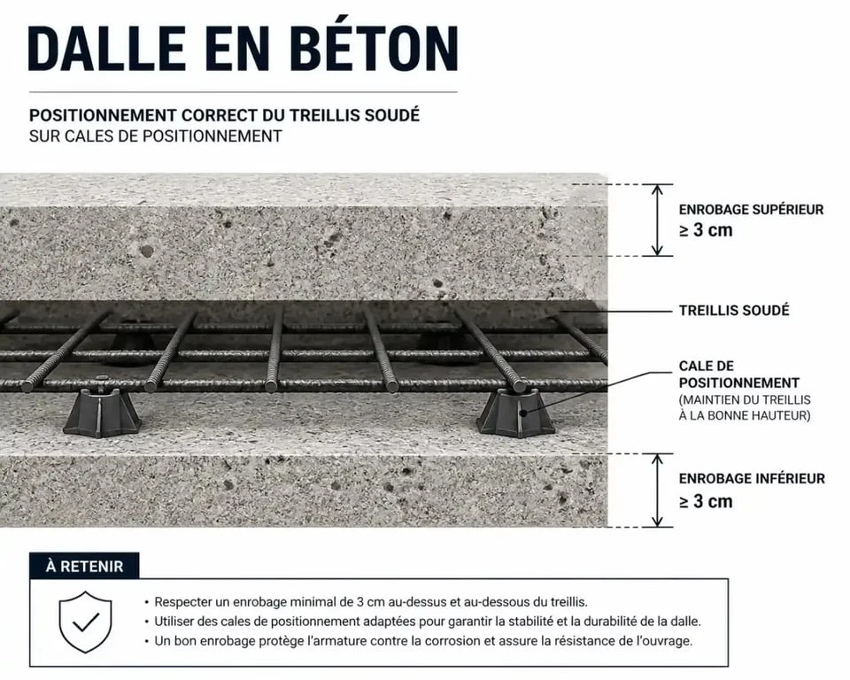 Schéma de ferraillage d'une dalle béton avec treillis soudé et cales de positionnement