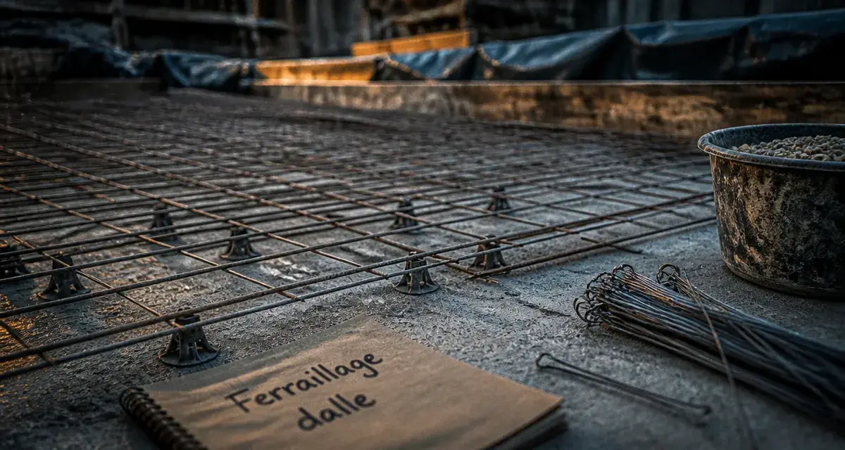 Ferraillage dalle béton : treillis soudé sur cales, chantier