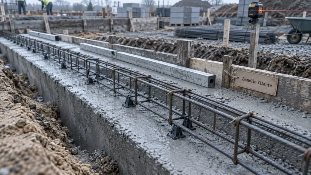 Fondation semelle filante : semelle en béton frais et armatures