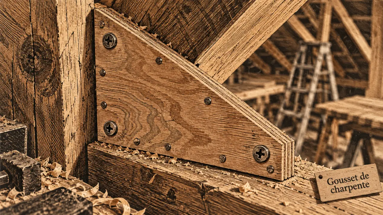 Goussets charpente : gousset triangulaire vissé entre poutres en bois