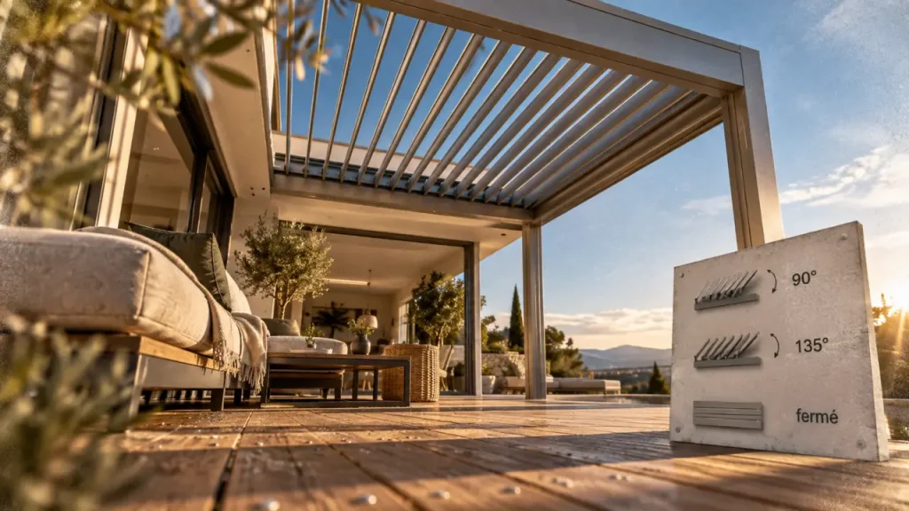 Orientation lame pergola vent : lames ouvertes à 90° face aux rafales