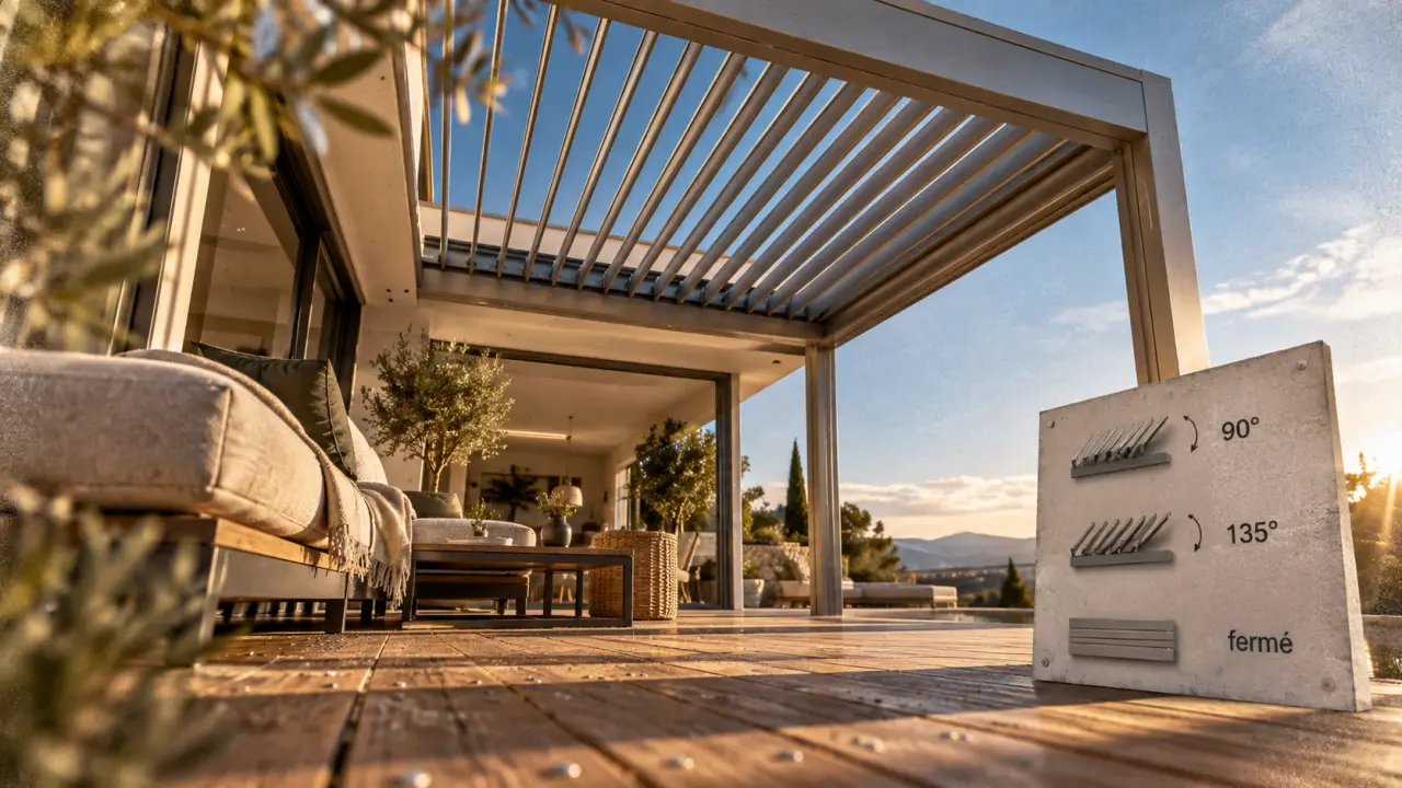Orientation lame pergola vent : lames ouvertes à 90° face aux rafales