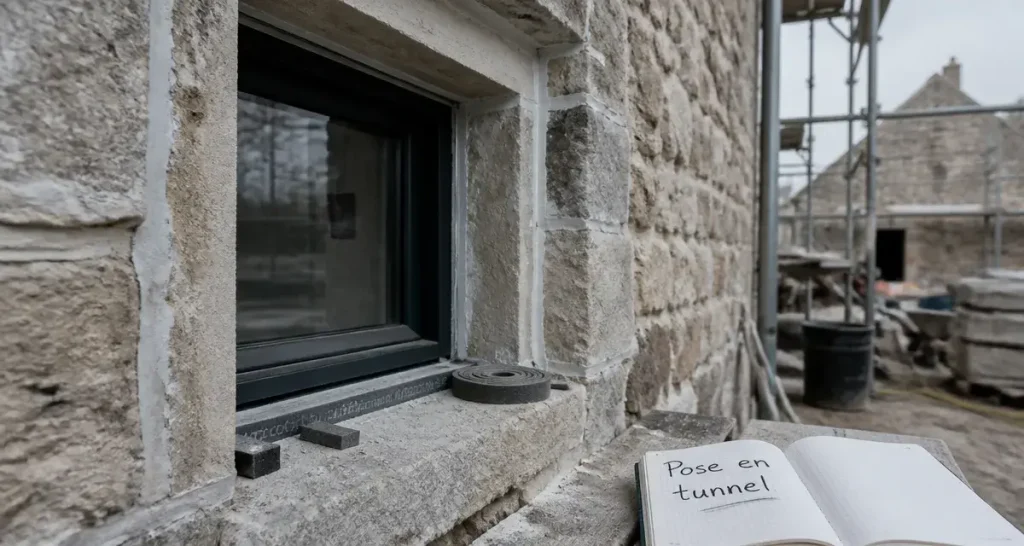 Pose en tunnel menuiserie : fenêtre en pierre, joints et cales en cours de pose