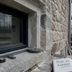 Pose en tunnel menuiserie : fenêtre en pierre, joints et cales en cours de pose