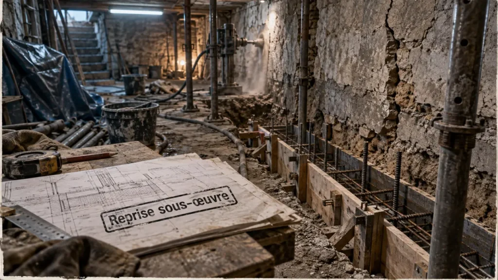 Reprise sous oeuvre fondations : mur fissuré et semelle élargie en cave