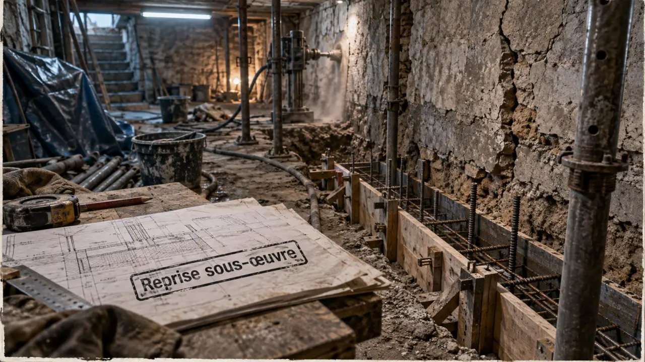 Reprise sous oeuvre fondations : mur fissuré et semelle élargie en cave