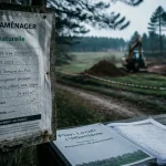 Voisin construction zone naturelle : panneau permis froissé sur chantier