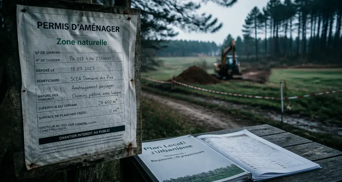 Voisin construction zone naturelle : panneau permis froissé sur chantier