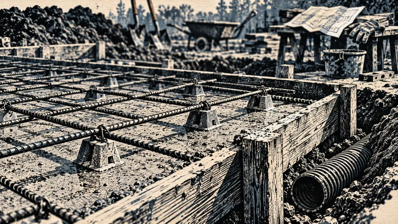 Dallage radier en béton armé sur chantier, ferraillage et coffrage visibles