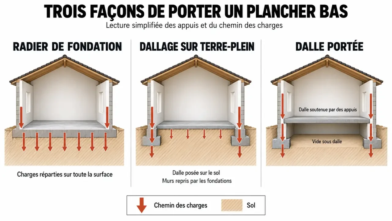 Schéma comparatif du dallage radier, du dallage sur terre-plein et de la dalle portée