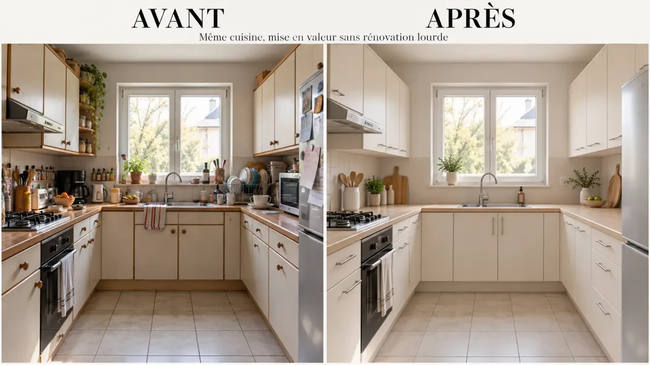 Home staging cuisine avant après avec façades modernisées, rangement et éclairage amélioré