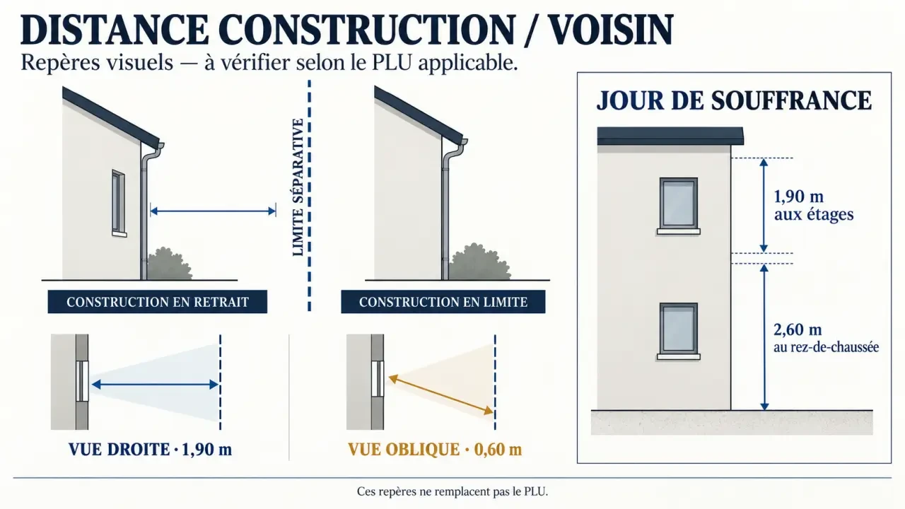 Infographie sur la distance construction voisin : retrait, limite séparative, vue droite à 1,90 m et vue oblique à 0,60 m