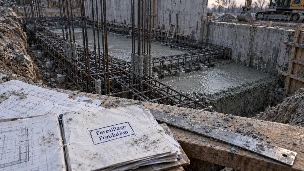 Ferraillage fondation : armatures métalliques sur cales dans une tranchée