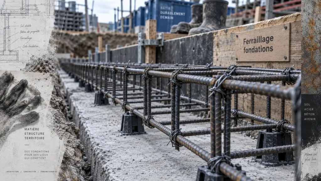 Ferrailler des fondations : cage d’armatures en attente de béton