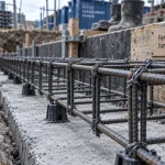 Ferrailler des fondations : cage d’armatures en attente de béton
