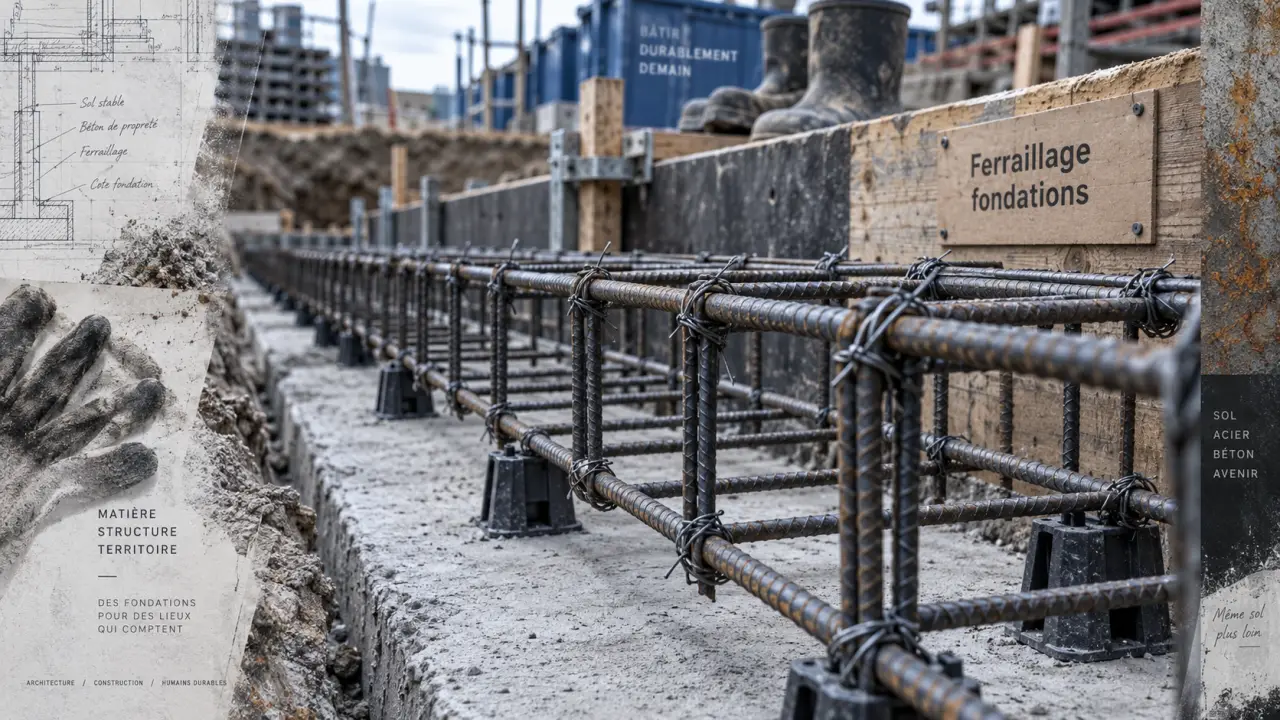 Ferrailler des fondations : cage d’armatures en attente de béton