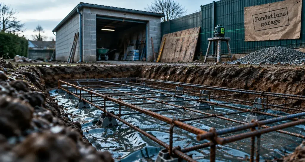 Fondation garage : fouille, film polyane, armature et drainage