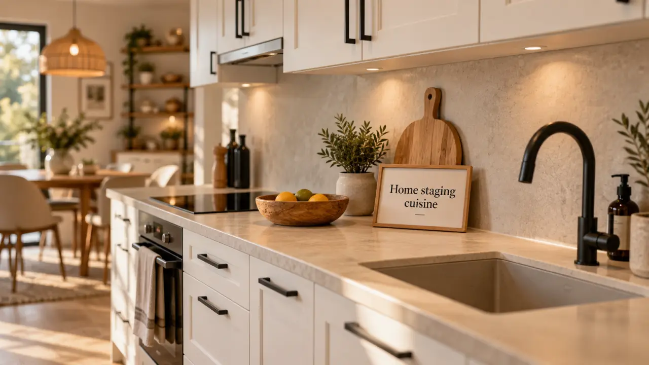 Home staging cuisine : façades blanc cassé et plan de travail dégagé