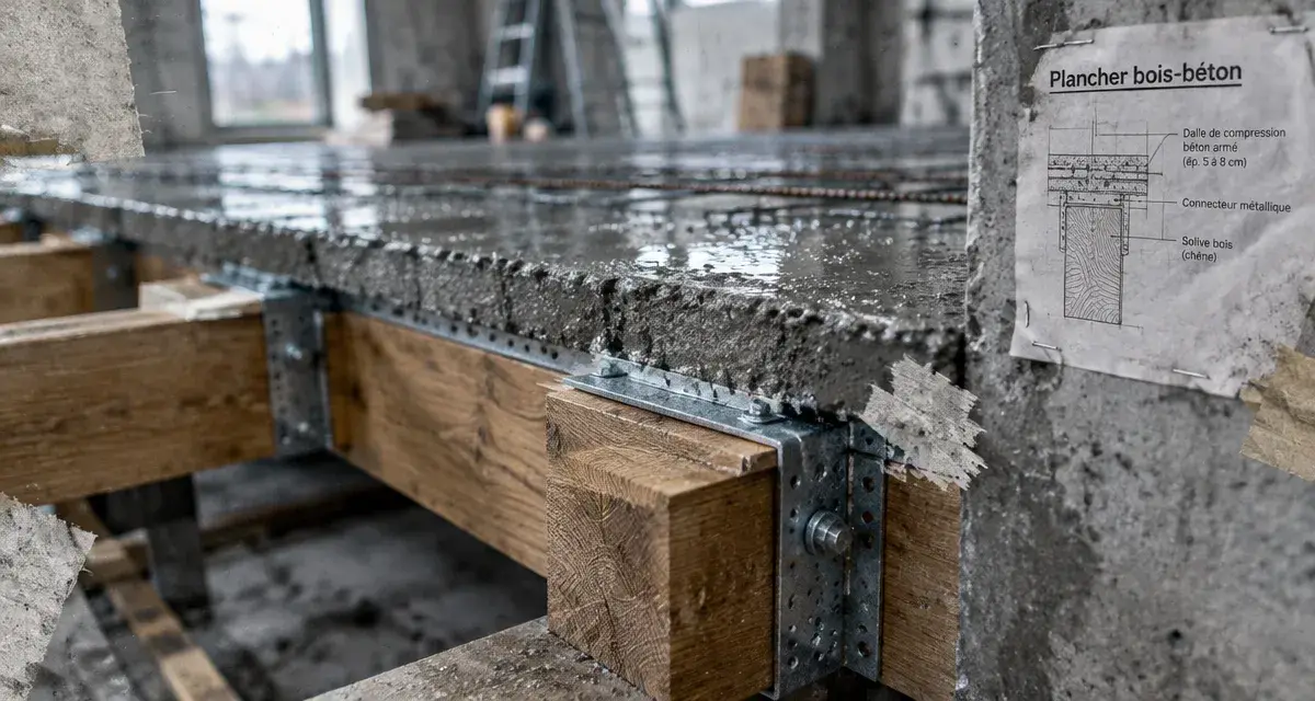 Plancher mixte bois béton en coupe : solives bois, connecteurs acier, dalle béton fraîche.