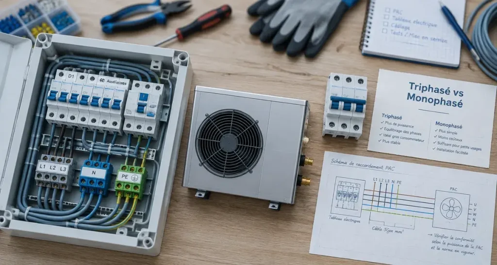 Pompe a chaleur triphasé pour répartir une forte puissance et alimentation électrique